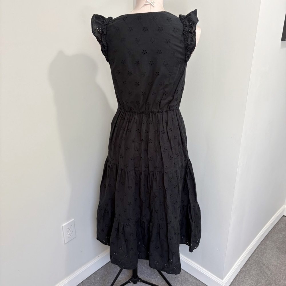 J. Crew Cotton Eyelet Midi Dress Size 2 Black Tiered Pockets Shoulder Ruffles - Picture 3 of 16